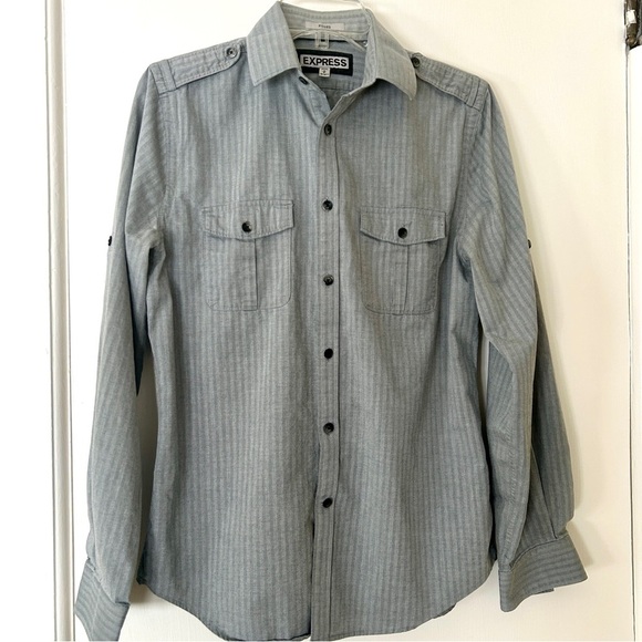Express Men's Casual Button Down Shirt Gray Roll Tab Sleeve size Small 14 14.5 - Picture 15 of 16
